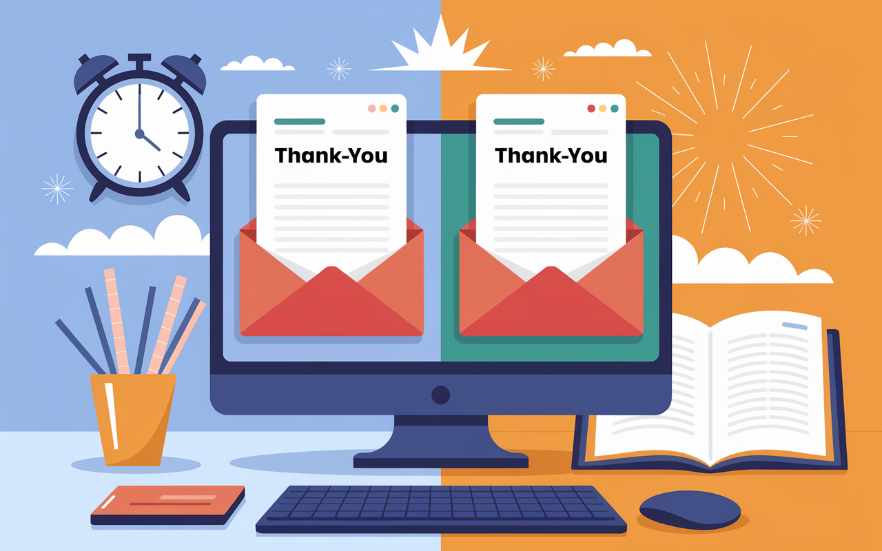 An illustration depicting two contrasting scenarios of thank-you emails on a computer screen. One side displays a well-crafted, personalized email with thoughtful references and a warm tone, while the other side shows a generic, impersonal email filled with errors. The background features symbolic visuals of professionalism like a clock to signify timeliness and an open book representing effort and attention to detail, all under bright, encouraging lighting.