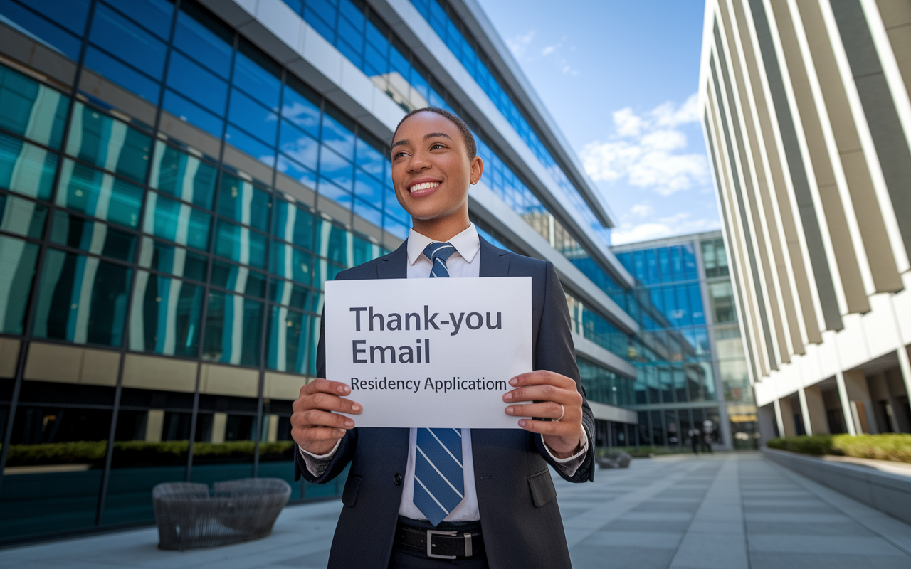 A confident individual in business attire stands outside a modern medical facility, holding a thank-you email printout with a satisfied expression. The scene captures the essence of success and professionalism in residency applications, with the building reflecting modern architecture behind them and a clear blue sky above. The atmosphere conveys achievement, with soft sunlight highlighting the person's hopeful demeanor.