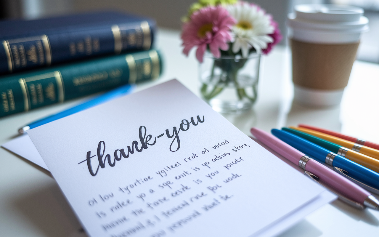 A close-up shot focusing on a handwritten thank-you note, laying on a desk alongside colorful pens and a small vase with flowers. The note is partially visible with elegantly written cursive thanking the interviewers, with a blurred background of medical books and a coffee cup, evoking a sense of personal connection and warmth.