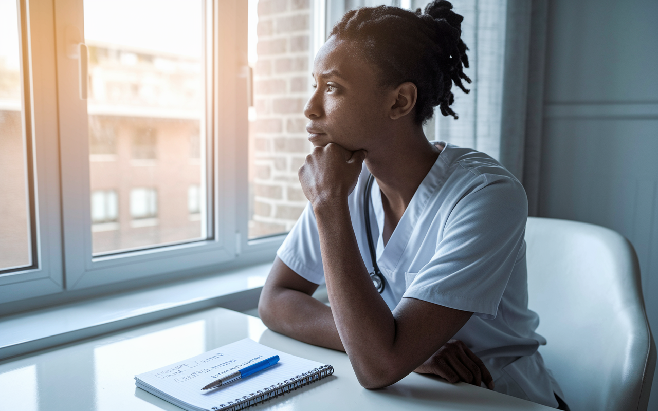 A thoughtful medical residency candidate gazes out of a window in a bright, airy study, reflecting on their interview experience. The scene captures a sense of introspection, with light streaming in, illuminating their determined expression, and a notepad with scribbled notes and reminders on the table, symbolizing their journey towards a successful residency match.