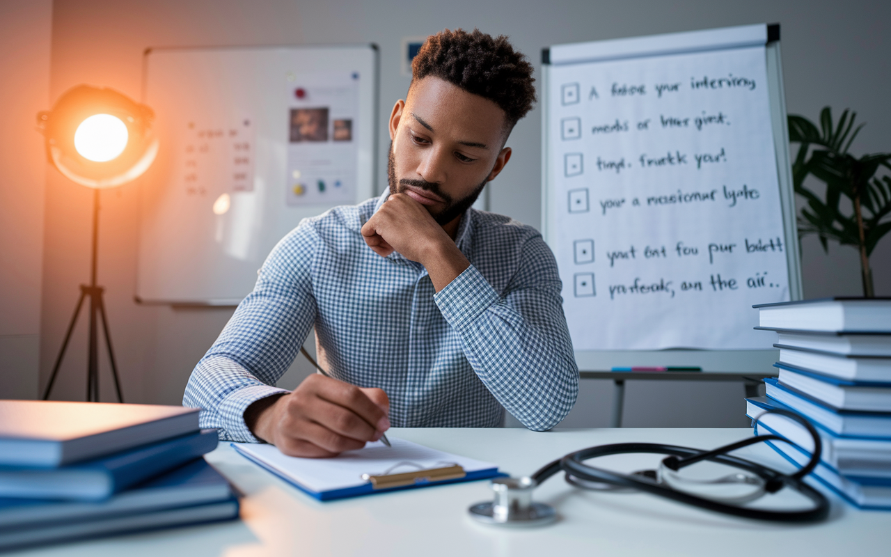 An engaging scene depicting a thoughtful candidate at a desk, diligently drafting a follow-up email. A whiteboard shows reminders for interview points and tips. The surroundings include medical books and a stethoscope lying on the desk, symbolizing dedication. Warm lighting increases the sense of urgency and professionalism in the air.