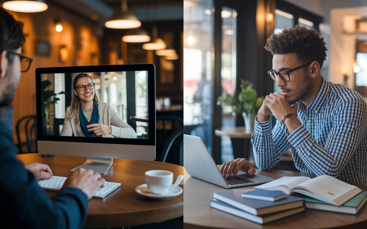 A split-screen image showing a candidate on the left side engaged in a video call with a mentor, discussing follow-up strategies over coffee. On the right, that same candidate is thoughtfully typing a follow-up email on their laptop, surrounded by books and notes. A warm café atmosphere envelops both scenes, symbolizing connectivity and support in the journey.