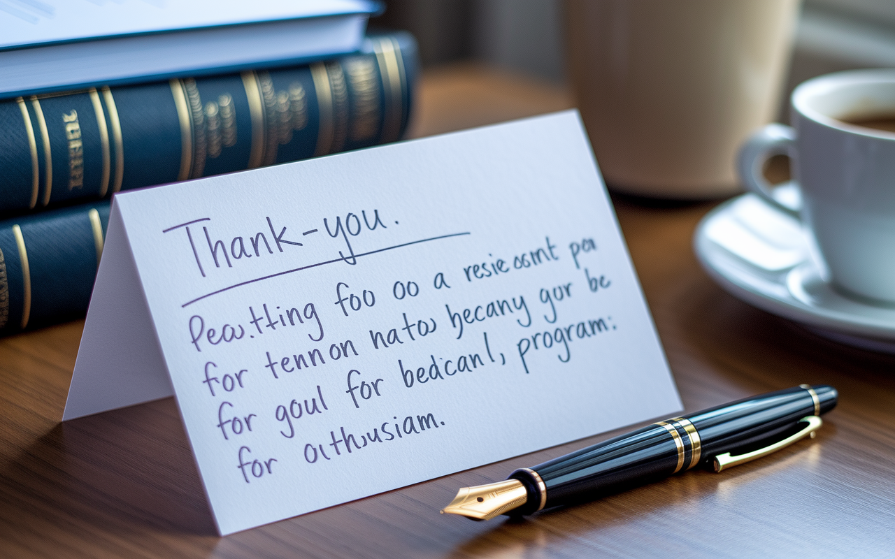 A close-up shot of a handwritten thank-you note resting on a wooden desk, with an elegant fountain pen beside it. The note features neat handwriting expressing gratitude and enthusiasm for a residency program, surrounded by a warm light that suggests a cozy, professional atmosphere. In the background, there’s a blurred view of medical textbooks and a coffee cup, hinting at a dedicated study environment.