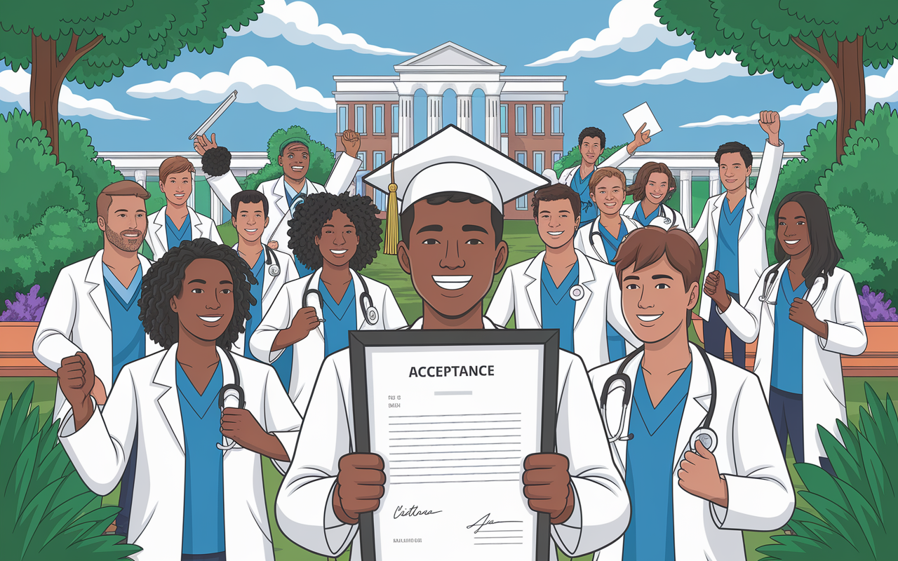 A motivational scene depicting a diverse group of medical graduates celebrating their accomplishments after matching into residency programs. They are gathered outdoors in front of a prestigious medical institution, surrounded by lush greenery and bright blue sky. One graduate is holding a framed acceptance letter with a big smile, while others are cheering and taking photos. The atmosphere radiates joy, determination, and camaraderie, symbolizing new beginnings in their medical careers.