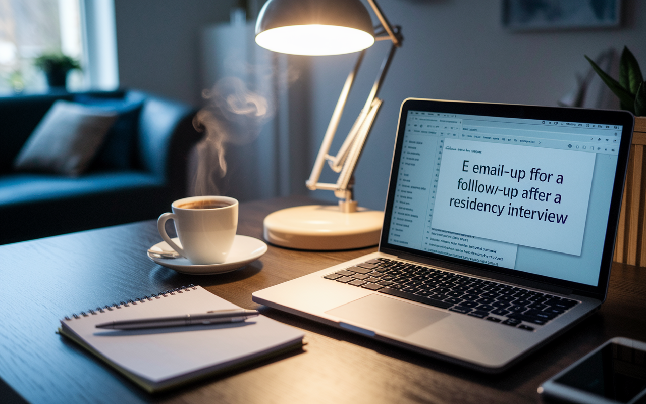 A well-organized desk in a cozy home office, with a laptop open displaying an email draft for a follow-up after a residency interview. A warm light from a desk lamp casts a soothing glow over the scene. Scattered on the desk are a notepad with key points from the interview, a pen poised for writing, and a steaming cup of coffee. The atmosphere is inviting and focused, suggesting a moment of diligence and reflection.