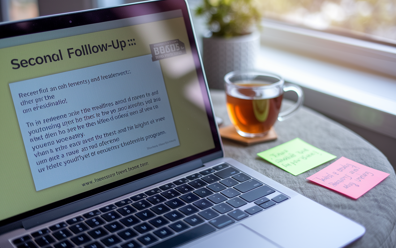 A close-up of a laptop screen displaying a second follow-up email draft, showing a cheerful and professional tone. The email highlights recent achievements and reaffirms interest in the residency program. The scene includes personal touches like a cup of herbal tea and motivational quotes on a sticky note next to the laptop. A soft window light bathes the workspace, evoking a sense of optimism and determination.