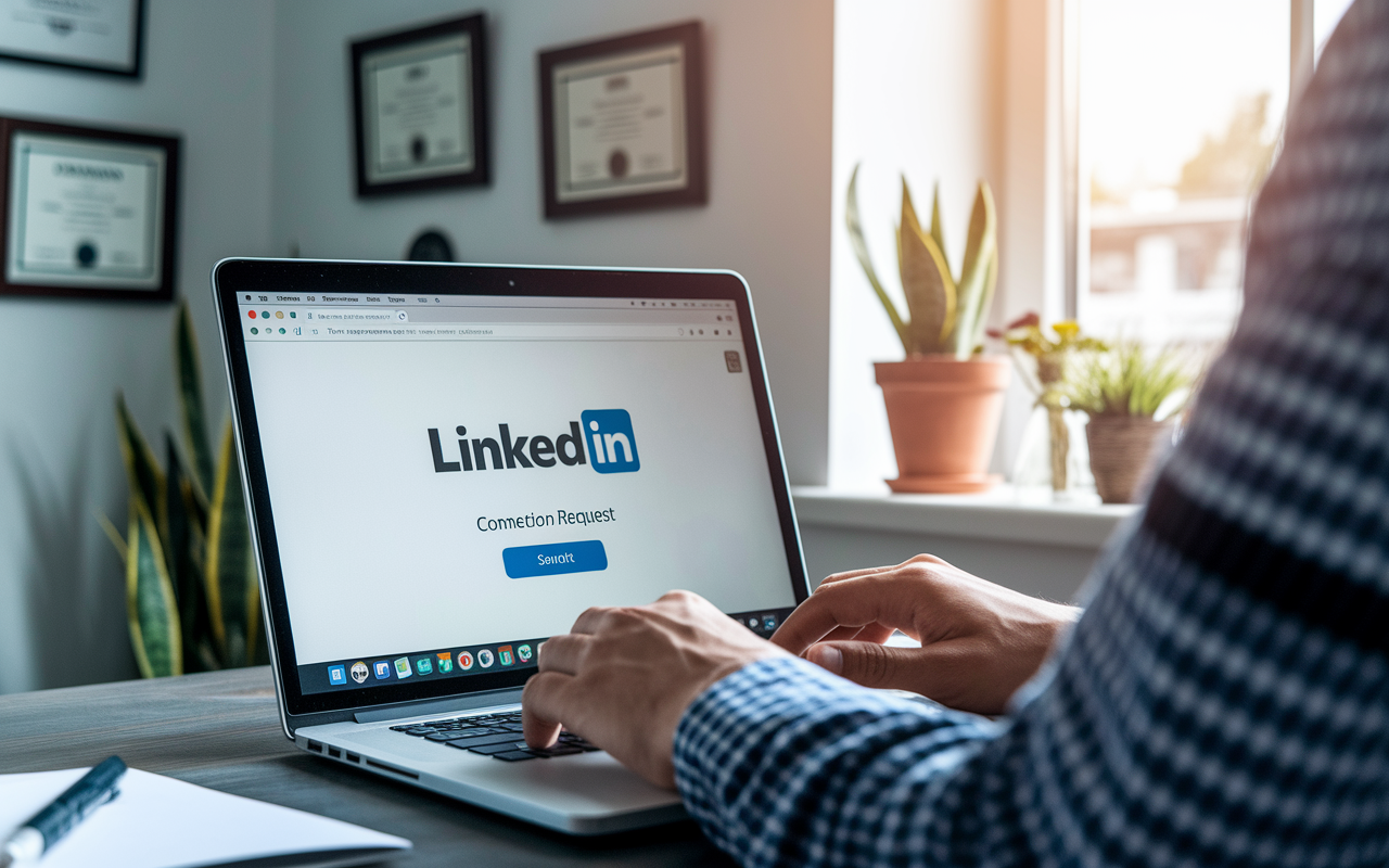 A person sitting at a desk, using a laptop to connect on LinkedIn post-interview. The screen shows a LinkedIn profile page, highlighting a connection request being sent. The surrounding environment is warm and inviting, with framed certificates on the wall and a plant on the windowsill. Soft sunlight filters through the window, creating a hopeful atmosphere of networking and professional growth.