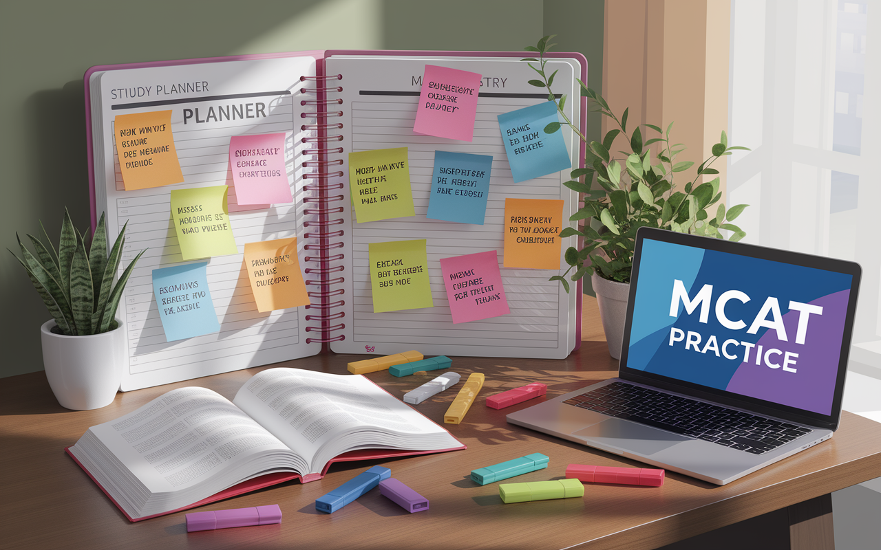 An artistic representation of a study planner filled with notes and motivational quotes, spread across a wooden table. Colorful sticky notes labeled with key subjects like 'Biology' and 'Chemistry' surround a laptop displaying MCAT practice software. A peaceful study environment with a potted plant in the corner, soft natural light coming from a nearby window, and an open textbook spills over with highlighters scattered about, capturing the essence of organized and aspirational study sessions.