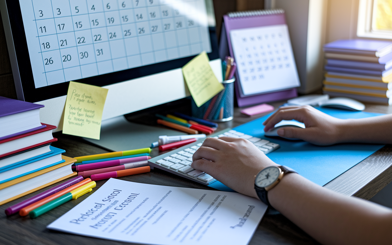 A close-up view of a student's hands typing on a computer, working on a personal statement for medical school applications. An array of colorful pens and highlighters are scattered around, along with a few medical-related books stacked nearby. The scene captures determination and focus with a soft glow from the computer screen illuminating the serious expression of the student. A calendar hangs on the wall, marked with important deadlines, adding to the atmosphere of urgency.