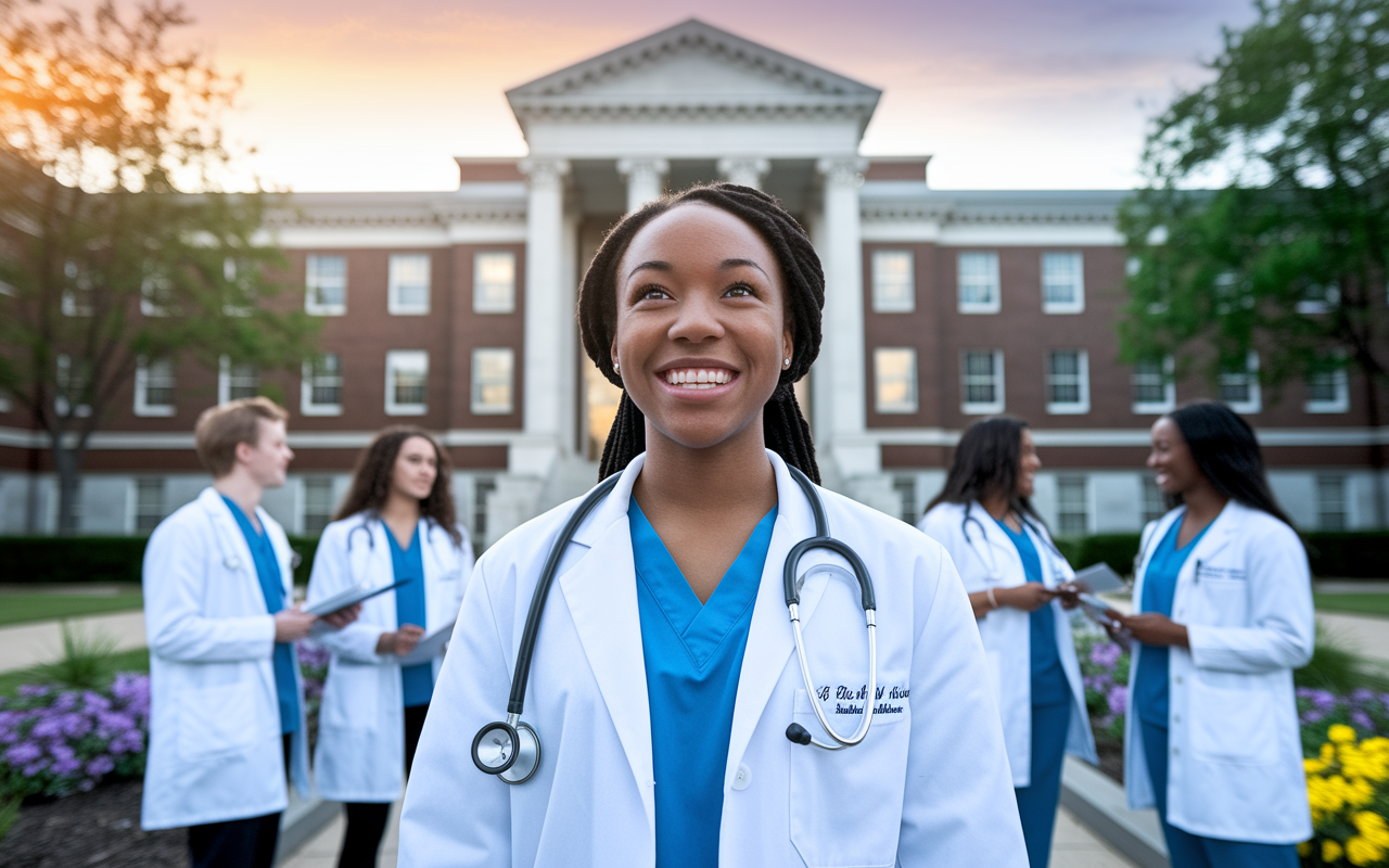 A hopeful future physician standing in front of a grand medical school building, wearing a white lab coat with a stethoscope draped around their neck. The student, a Black woman, beams with a mix of excitement and determination, surrounded by fellow students discussing plans. The sun is setting in the background, casting a golden hue on the building and creating a hopeful ambiance. There are trees and blooming flowers in the foreground, reinforcing the theme of growth and future possibilities in a medical career.