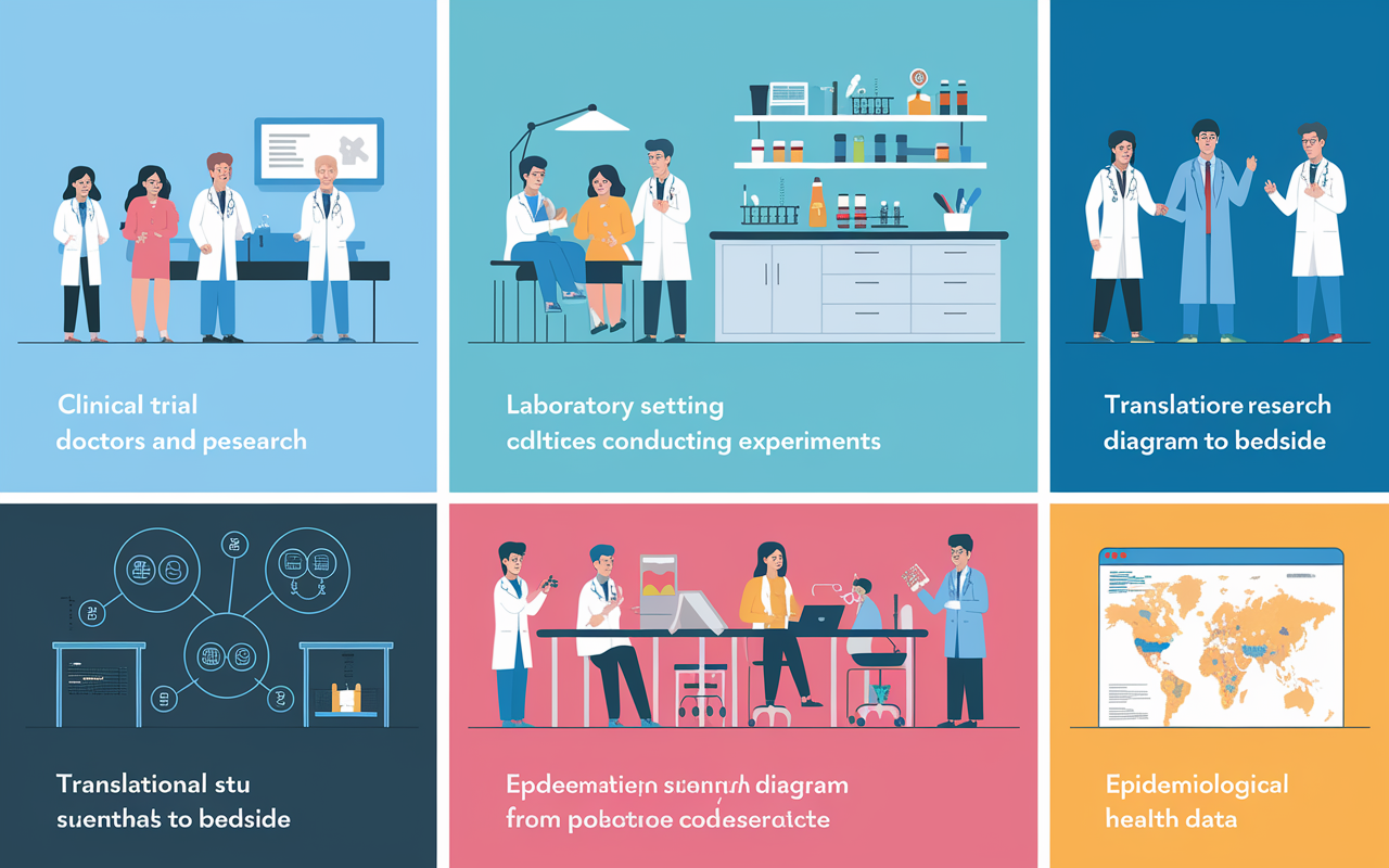 A visual collage illustrating the various types of medical research. The scene consists of distinct panels each depicting aspects of research: a clinical trial with doctors and patients, a laboratory setting with scientists in white coats conducting experiments, a translational research diagram showing the process from lab to bedside, and an epidemiological study showing a map with population health data. Each panel employs vibrant colors and clear labeling, creating an educational and engaging representation of medical research.