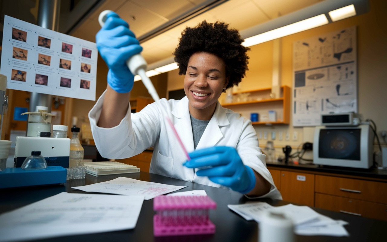 A dedicated volunteer in a research lab, smiling as they assist in an experiment. The scene captures them wearing gloves and a lab coat, holding a pipette filled with a colorful liquid, amid a backdrop of laboratory equipment and an array of research charts. Warm, inviting lighting enhances the atmosphere, signaling an eagerness to learn and contribute. Papers and imaging equipment clutter the counter, portraying the active dynamics of research.