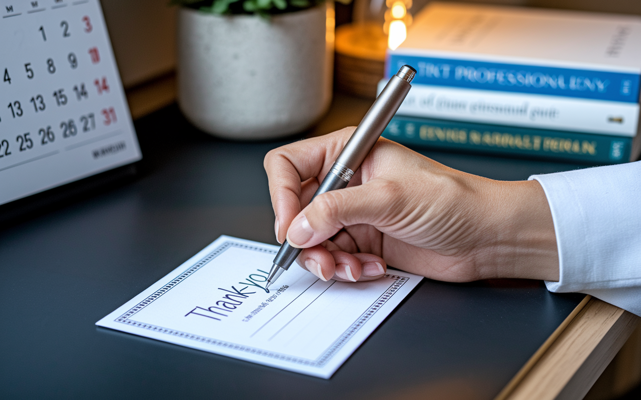 A close-up shot of a hand writing a thank-you note on a stylish notecard. The background showcases an inviting workspace with a subtle plant, a calendar denoting important dates, and a stack of medical textbooks. The lighting is warm and inviting, creating a cozy yet professional environment. The hand is poised with a sophisticated pen, highlighting the personal touch of expressing gratitude in professional settings.