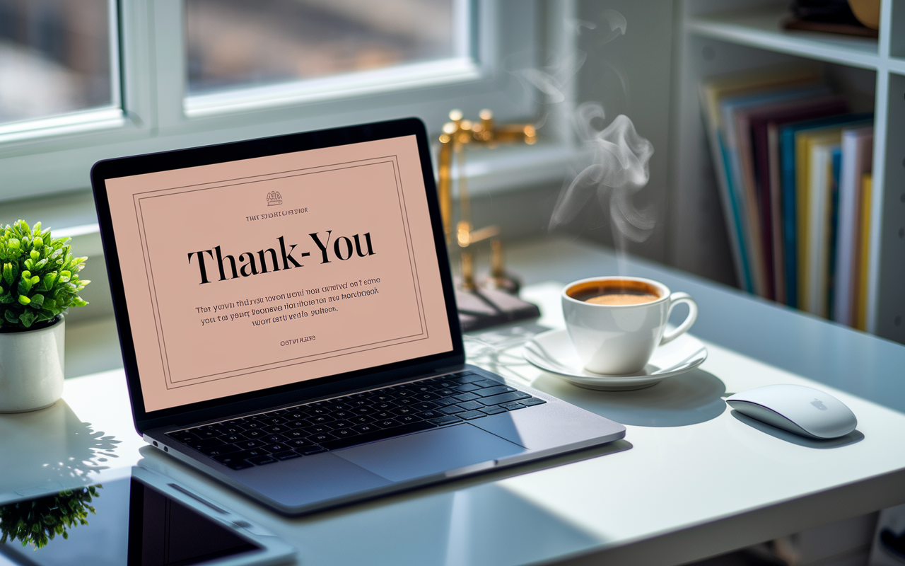 A high-angle view of a laptop screen displaying a beautifully formatted thank-you email, alongside a cup of steaming coffee. The setting features a tidy desk with a small plant, an elegant mouse, and a soft-focus out-of-focus bookshelf in the background. Bright sunlight pours in through the window, creating a cheerful atmosphere. The scene embodies professionalism and the importance of thoughtful communication.