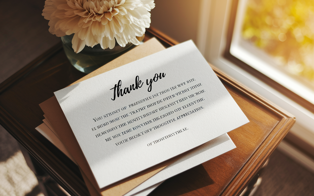 A close-up of a handwritten thank-you note on elegant stationery placed atop a neat wooden table. The note displays heartfelt, personalized content that reflects professionalism and genuine appreciation. A blooming flower vase sits nearby, complementing the warm, inviting ambiance. Golden hour sunlight filters through a nearby window, illuminating the scene and highlighting the beauty of thoughtful communication.