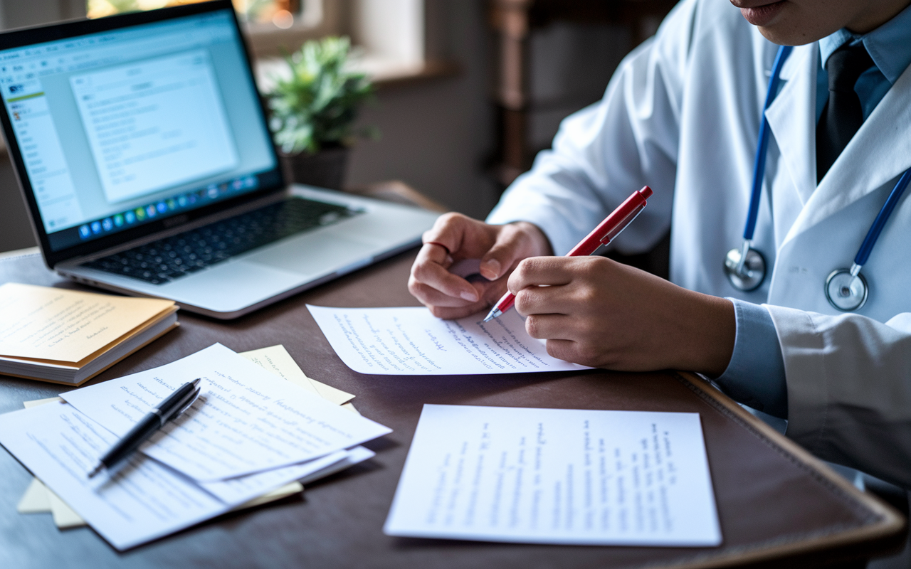 A focused medical candidate sitting at a cozy desk, meticulously proofreading a thank-you note with a red pen in hand. Notes with feedback are scattered around, along with a laptop displaying a professional email template. Soft, warm lighting creates an inviting atmosphere, emphasizing the attention to detail and care put into the communication process.