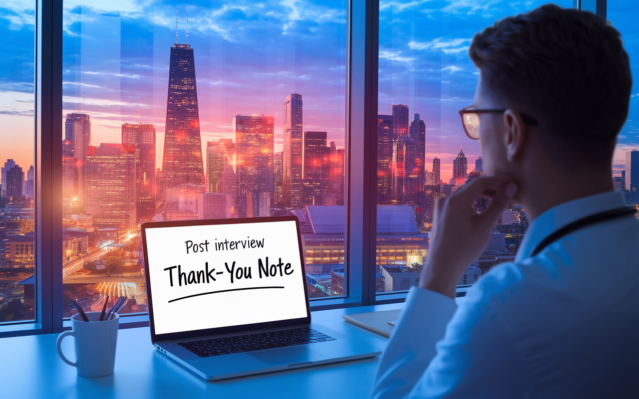 A thoughtful medical candidate reflecting on their post-interview thank-you note. The scene depicts a vibrant city skyline at dusk through an office window, symbolizing hope and opportunity. A laptop is open, displaying the final draft of the thank-you note. Warm city lights begin to twinkle, mirroring the candidate’s aspirations and determination to succeed.