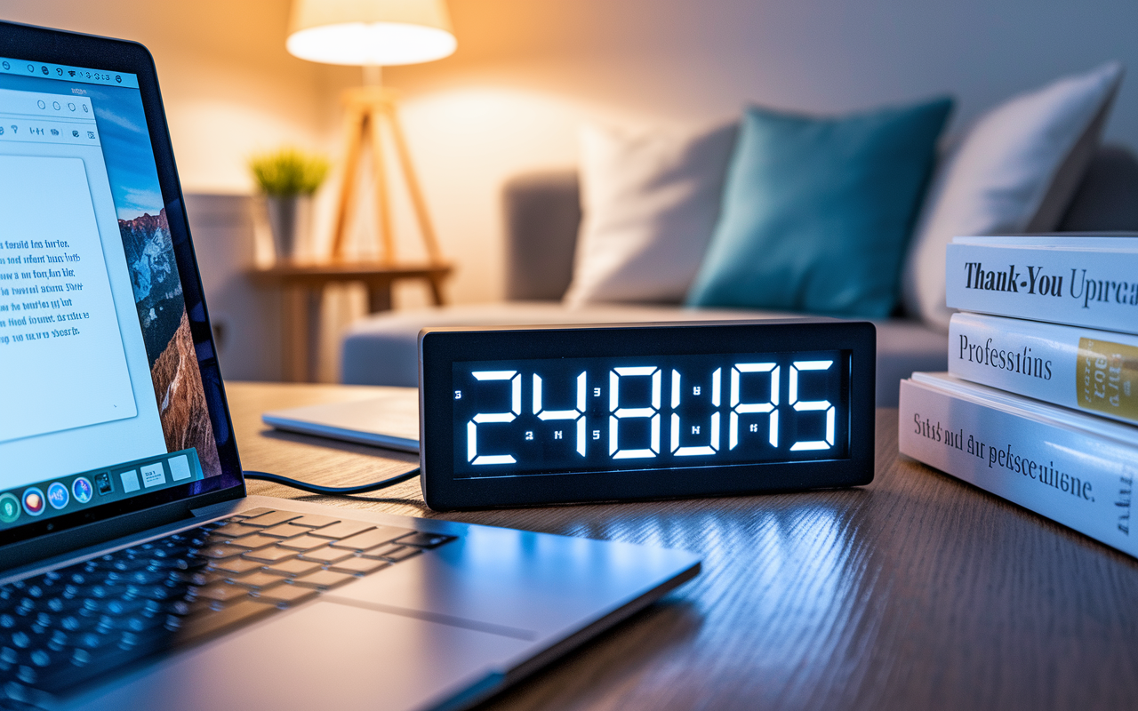 A digital clock showing the time at 24 hours after an interview, symbolizing the importance of timely follow-up. The background features a comfortable home office desk with a laptop open on a thank-you email draft, and medical textbooks stacked beside it, illustrating preparation and professionalism. The warm lighting creates an inviting atmosphere, enhancing the sense of urgency and importance in sending the email promptly.