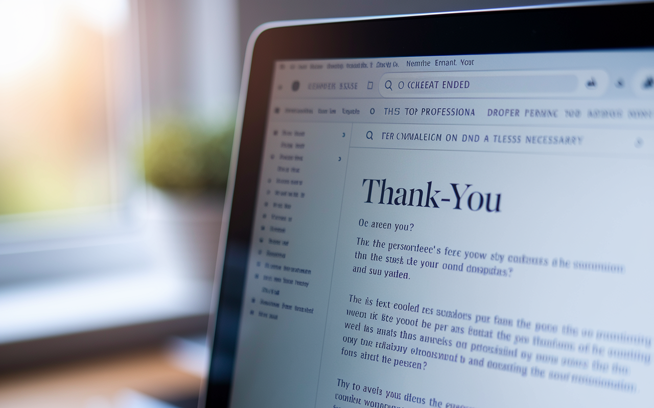 A close-up view of a computer screen showing a well-crafted thank-you email in a professional format. The background is blurred to create focus on the email, which includes personalized touches, a clear subject line, and proper formatting. Soft natural light from a window adds warmth to the scene, suggesting an inviting atmosphere for professionalism and attention to detail.