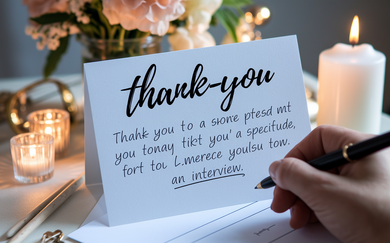 A close-up of a handwritten thank-you note, featuring elegant cursive handwriting expressing gratitude, alongside personal touches like a specific reference to a conversation during an interview. The note is placed on a table surrounded by soft lighting, with decorative elements like a vase of fresh flowers and a lit candle, creating a warm and inviting atmosphere for thoughtful communication.