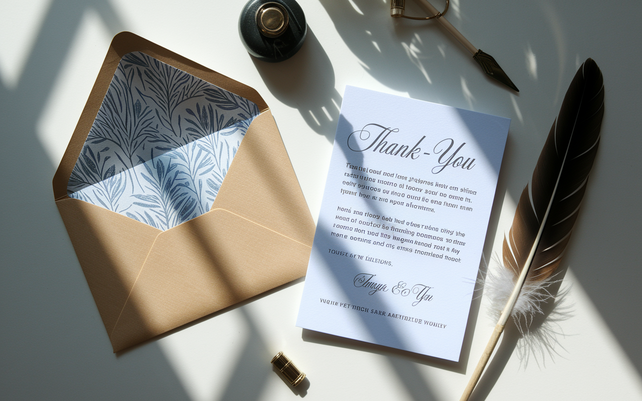 An artistic view of a thank-you note laying on a desk next to a beautifully designed envelope. The note contains detailed, personalized content that references specific aspects of an interview experience. Natural light streams in from a nearby window, casting soft shadows, creating a serene and sophisticated atmosphere. Decorative details like a feather pen and a small inkwell add a creative touch.