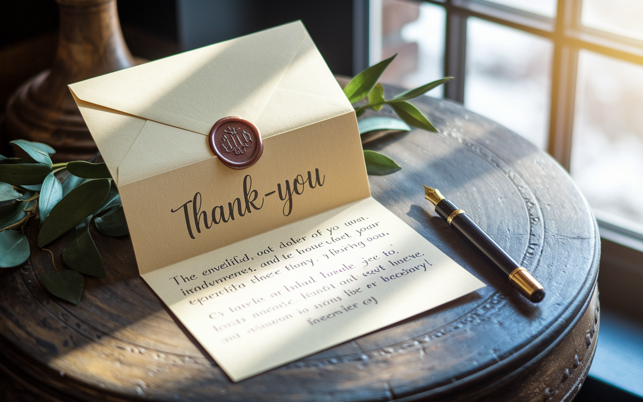 An elegant thank-you note displayed on a rustic wooden table, with intricate details like a wax seal on the envelope and a fountain pen placed beside it. The note is open to reveal beautifully handwritten content, expressing gratitude and personal connections made during an interview. A cozy environment with soft afternoon sunlight filtering through the window enhances the inviting nature of the scene.