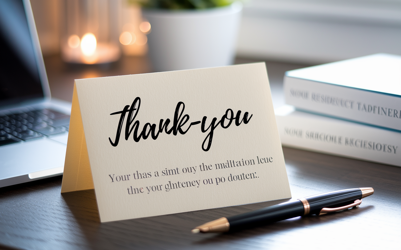 An aesthetically pleasing thank-you note on a wooden desk, with an elegant pen beside it. The note should have a simple and heartfelt message written in beautiful cursive. In the background, there's a soft-focus image of a laptop and medical textbooks, symbolizing the residency application process. Warm, natural lighting enhances the inviting atmosphere, evoking a sense of gratitude and anticipation.