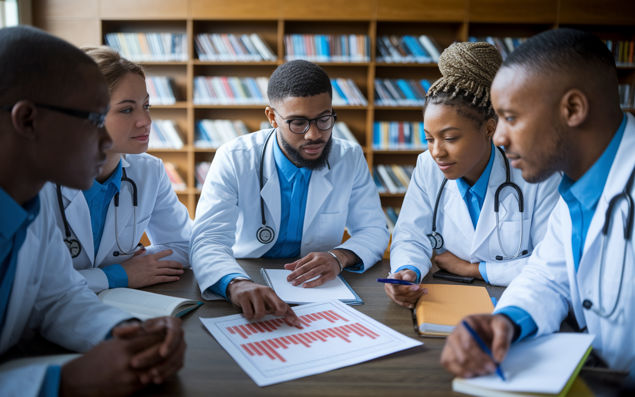 A thought-provoking scene of a group of diverse medical students in a library setting, collectively discussing their residency applications. One is passionately pointing to a chart detailing red flags, while others listen intently, surrounded by academic books and notes. The warm, focused lighting suggests an environment of collaboration and problem-solving, capturing the spirit of resilience and support amongst peers navigating challenges in their careers.