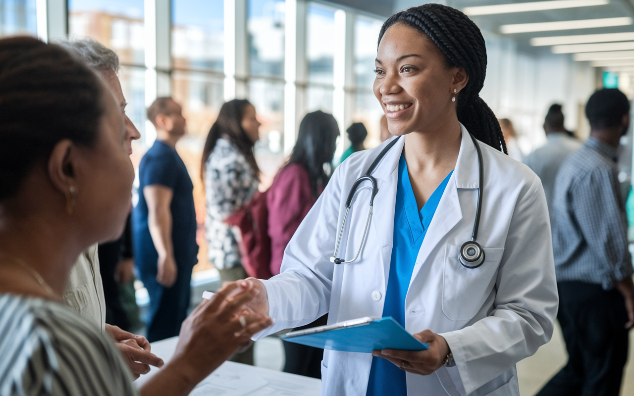 A dedicated medical student volunteering at a free clinic, warmly interacting with patients and providing healthcare support. The environment is bustling, filled with diverse individuals, emphasizing community and compassion. The natural lighting streams in through large windows, creating an uplifting atmosphere that highlights the volunteer’s dedication and the meaningful impact of their work in addressing healthcare disparities.