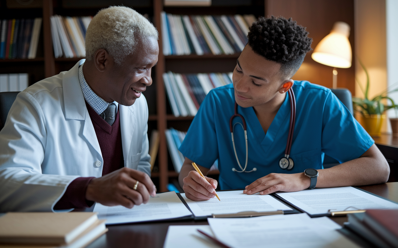 A close-up image of a mentor and a medical student engaged in a focused discussion in a cozy office setting, with the mentor enthusiastically writing a recommendation letter. The desk is filled with academic papers and books, and the environment is filled with warm lighting that portrays encouragement and guidance, encapsulating the essence of strong mentorship in shaping a medical student's future.