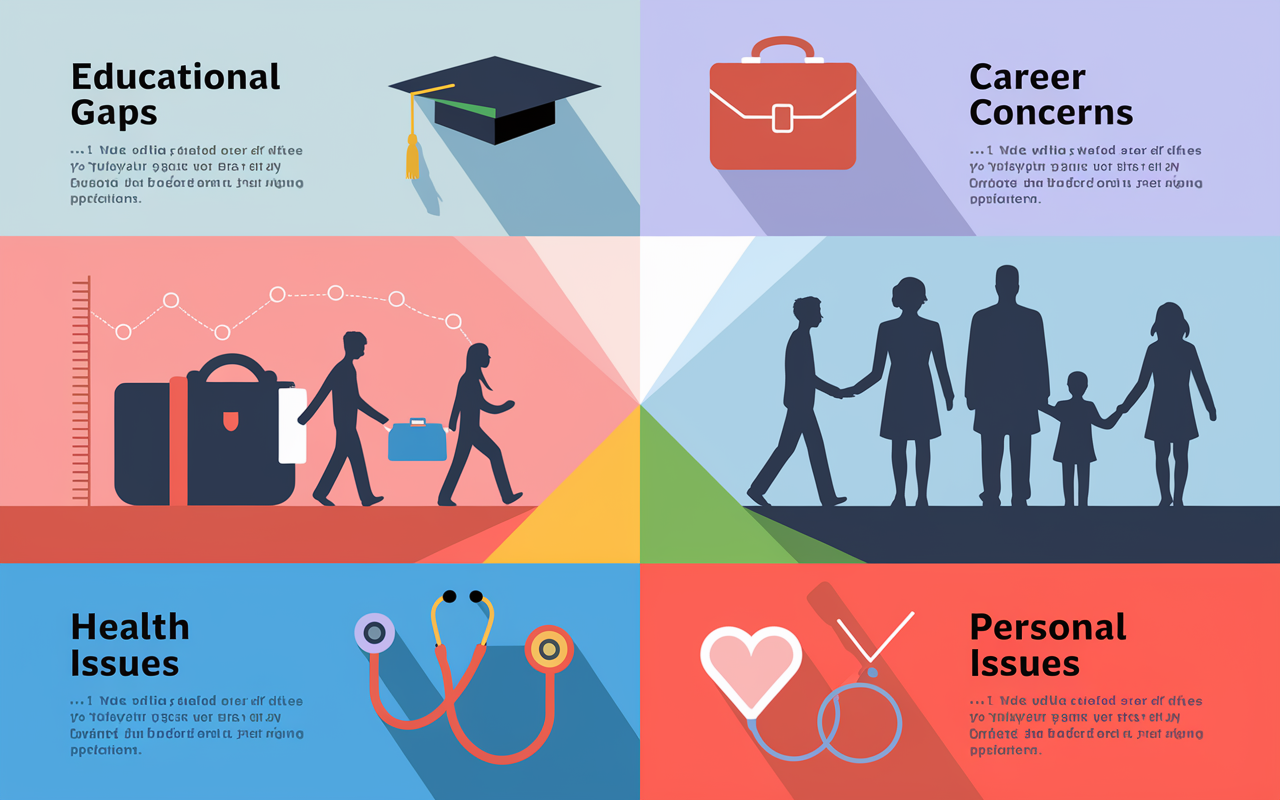 A visual infographic illustrating various types of time gaps in residency applications. Each segment shows a representation of educational gaps, career changes, health concerns, and personal issues, with corresponding icons like a graduation cap, a briefcase, a stethoscope, and family silhouettes. The background features a subtle gradient, creating a professional yet engaging atmosphere, suitable for educational materials. Style: flat design with bright colors and clean lines.