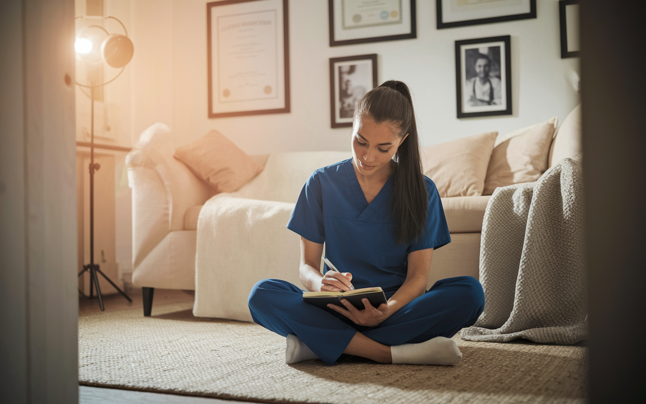 A serene, intimate setting with a young medical professional in a cozy room, sitting cross-legged on the floor with a journal and pen in hand, reflecting on past experiences. Warm, soft lighting floods the space, creating an atmosphere of contemplation and self-discovery. The walls feature framed certificates and photos representing growth. The scene conveys introspection and personal development, illustrating the journey of becoming a better medical candidate.