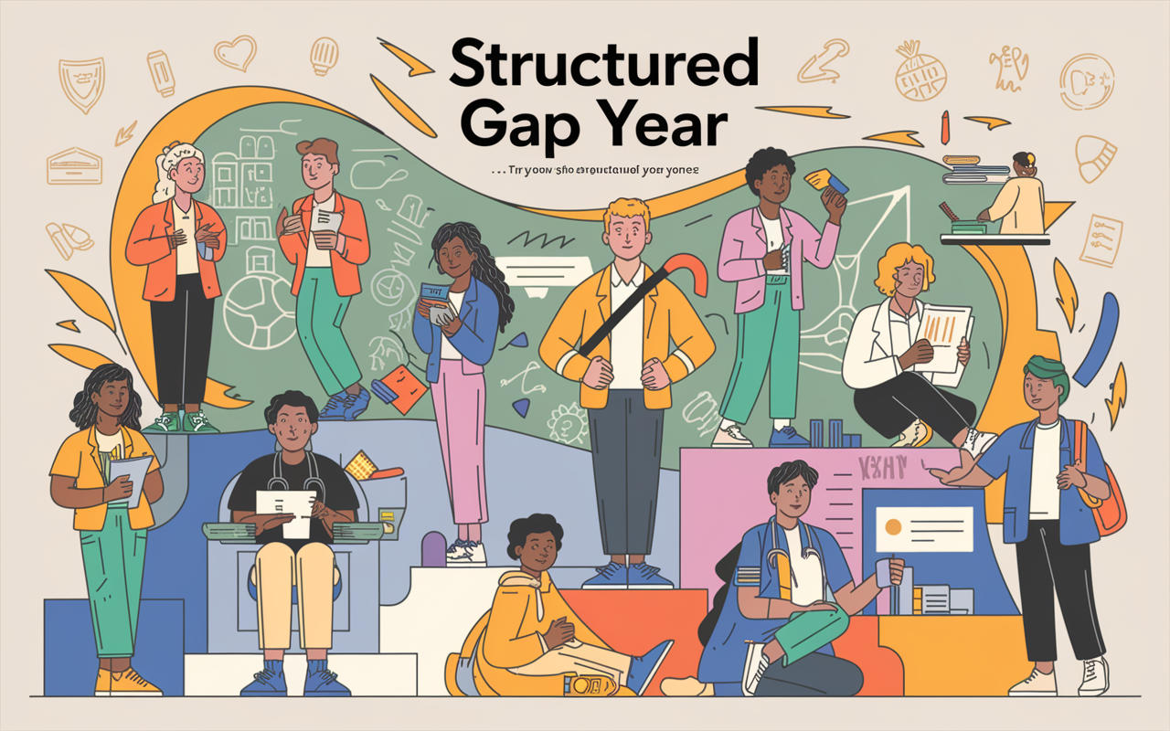 A motivational scene depicting a diverse group of young professionals engaging in various structured gap year activities such as community service, attending a health workshop, or working at a research lab. The setting is vibrant and optimistic, reflecting teamwork and dedication. The background features a blend of educational and healthcare symbols, emphasizing the transformative potential of a well-structured gap year. Style: dynamic illustration with a colorful, inspirational tone.