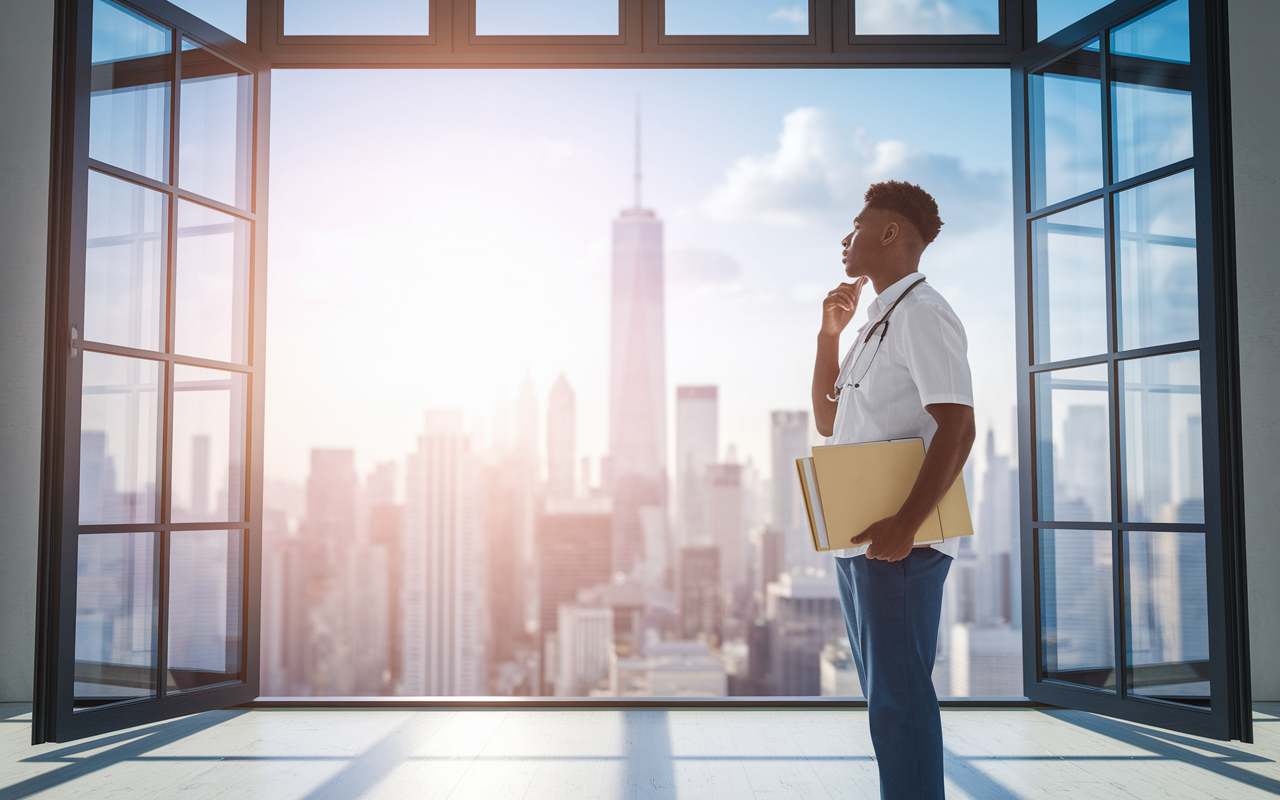 An inspiring scene showing a determined medical applicant standing before a large, open window overlooking a bright urban skyline, symbolizing hope and ambition. The individual gazes thoughtfully into the distance, with documents in hand that represent a well-prepared residency application. The sunlight spills into the room, casting a warm glow and signifying opportunities ahead. Style: photorealistic, with a focus on emotion and aspiration in a professional context.