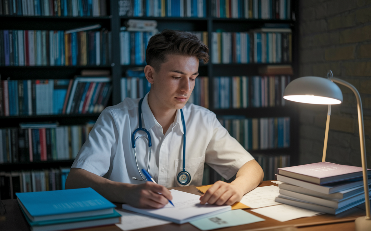 A serene setting with a young medical student sitting at a desk, writing a heartfelt personal statement in a cozy study filled with books and medical journals. Soft, warm lamp light enhances the atmosphere of contemplation. The student, looking thoughtful, is surrounded by notes and reminders of their journey, capturing the essence of reflection and determination to learn and grow from past experiences.