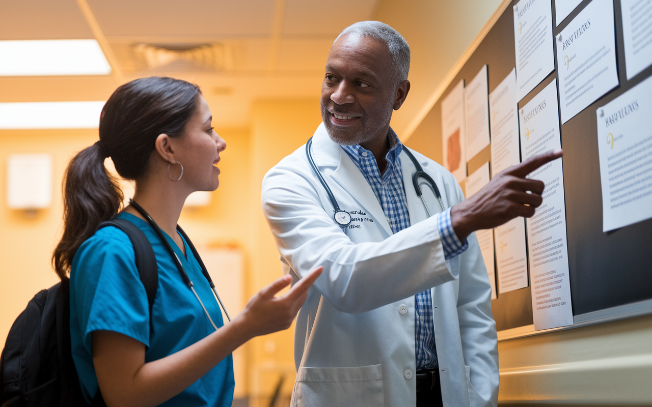 A young medical student engaged in a conversation with an experienced physician in a clinical setting. The physician is giving sincere advice, pointing towards a board filled with patient care strategies and insights. The warm lighting creates a nurturing environment, showcasing the importance of mentorship, support, and growth in the medical field.