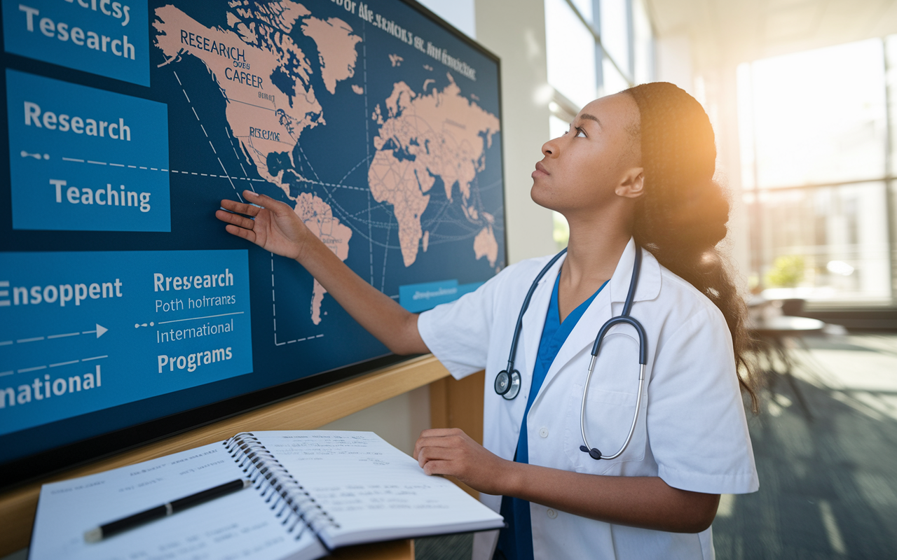 A thoughtful medical student examining a large map of potential career paths in medicine, including options for research, teaching, and international programs. The environment is well-lit with natural sunlight flowing in, symbolizing hope and future opportunities. A notebook filled with ideas and plans lies open nearby, reflecting the student's strategic thinking and commitment to growth.