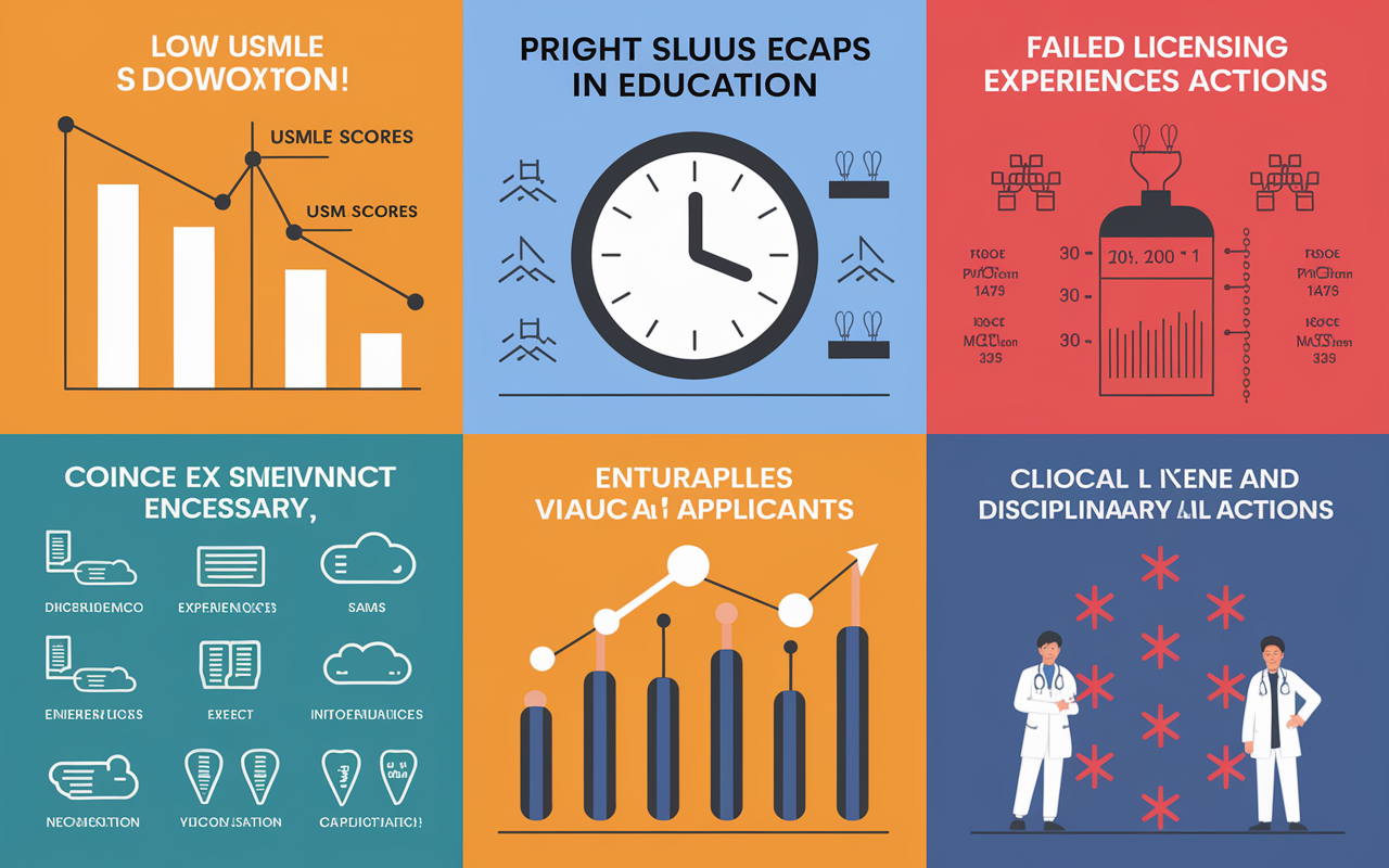 An educational infographic illustrating various red flags in residency applications. Each section visually represents elements like low USMLE scores with a graph showcasing a downward trend, a clock symbolizing gaps in education, and failed licensing exams depicted with red crosses. The background is bright and informative, using icons to symbolize clinical experiences and disciplinary actions, creating an engaging visual for prospective medical applicants.