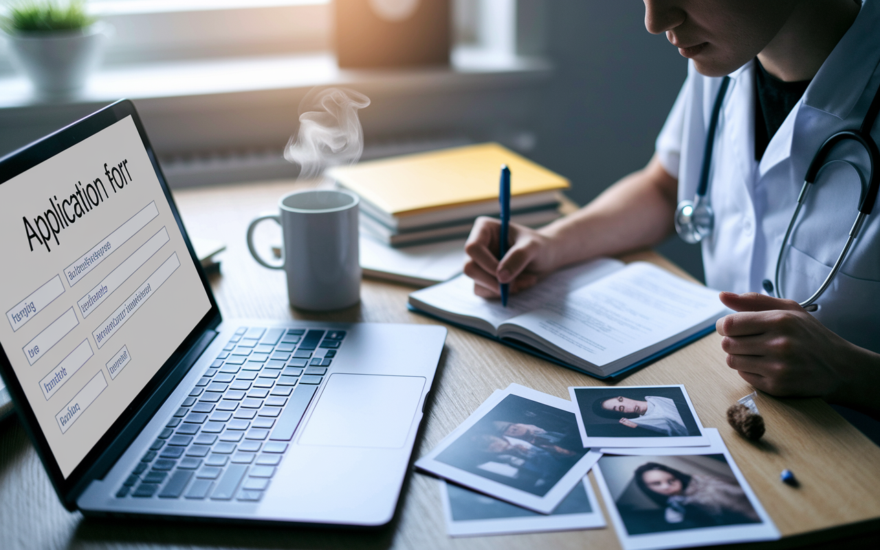 A candid moment of a medical student writing their personal statement at a desk cluttered with notes and books, reflecting an earnest expression on their face. The scene captures soft light filtering through a window, creating a warm atmosphere. On the desk is a laptop showing an application form with sections marked for honesty, accompanied by a steaming coffee mug and personal photographs, symbolizing the importance of truthfulness in the journey.