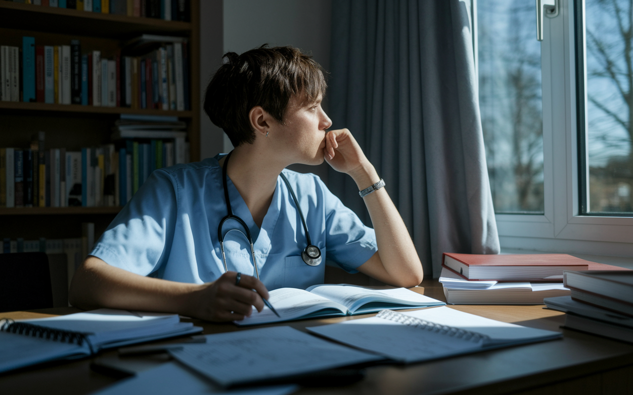 An introspective scene of a medical student in a quiet study room, gazing thoughtfully out of a window as they reflect on their past challenges. The room is filled with medical textbooks and notes. Natural light casts gentle shadows across their face, highlighting a sense of determination and readiness to overcome obstacles. The atmosphere is serene, suggesting contemplation and careful strategy.