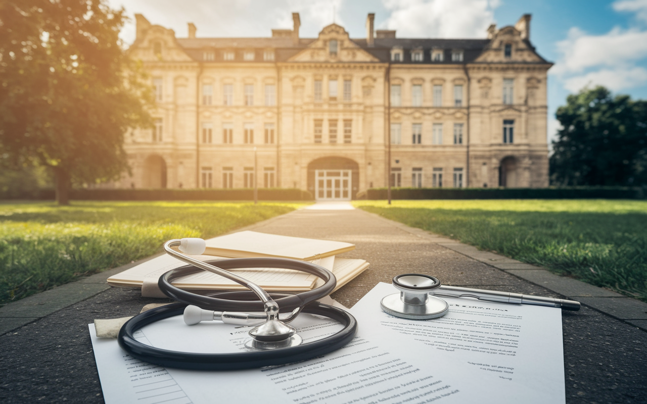 A hopeful scene representing the journey of a medical student preparing for residency applications. The image shows a bright pathway leading to an ornate hospital building, bathed in golden sunlight. Along the path are symbolic markers of perseverance such as books, a stethoscope, and application papers, representing the challenges faced and overcome. The atmosphere is uplifting, filled with potential and future promise.