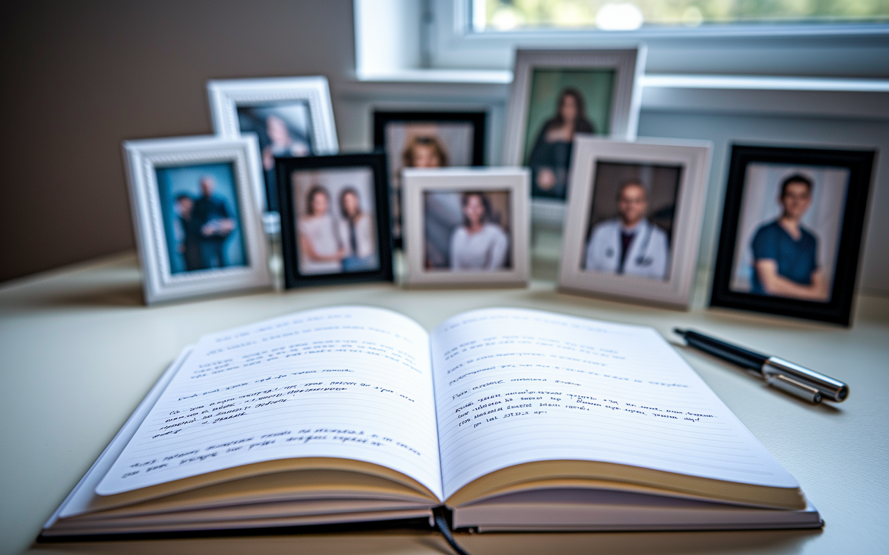 An open journal on a desk, filled with handwritten thoughts and reflections about personal growth and setbacks in medicine. The background shows a collection of framed pictures representing various life experiences—medical school days, family moments, and volunteer work. Soft natural light filters through a nearby window, creating a calming atmosphere, symbolizing introspection and the importance of storytelling.