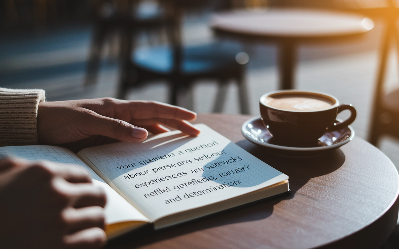 A close-up of a person’s hands resting on a notebook filled with questions about personal experiences and setbacks. The setting is a quiet coffee shop, with the warm glow of the coffee cup reflecting determination. The background reveals a blurred yet inviting atmosphere, with soft shadows and light, symbolizing introspection and the search for meaning in personal journeys.