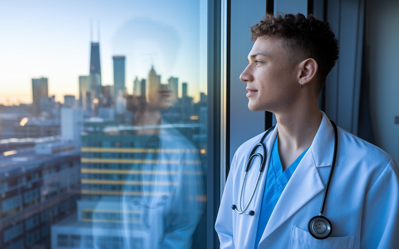 A young physician gazing out of a hospital window, presenting a moment of contemplation about their future. The view captures both the vibrant hospital environment and the distant skyline, symbolizing hope and ambition. The lighting evokes the early morning, connoting new beginnings and the commitment required to achieve personal and professional goals in medicine.