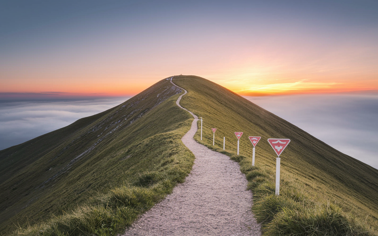 A symbolic image of a winding path leading up a mountain, representing the journey of medical professionals with its peaks and valleys. The sky is a gradient of sunset colors, reflecting perseverance and hope. Along the path, markers represent resilience, growth, and personal development. This scene embodies the overarching theme of overcoming challenges and emerging stronger in the medical field.