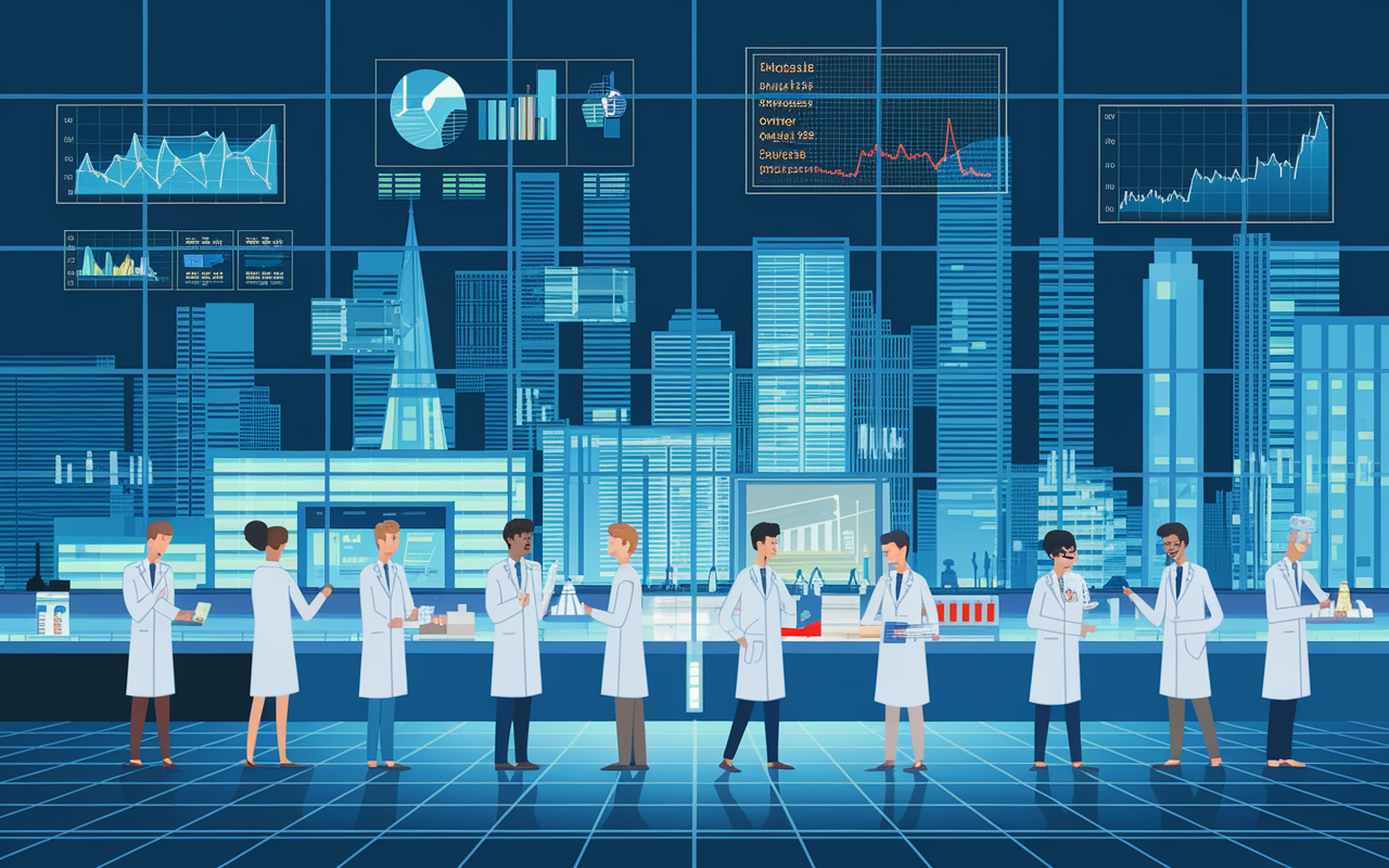 A vibrant, dynamic scene depicting the world of medical research. In the foreground, diverse scientists in lab coats are engaged in various research activities, analyzing samples and discussing findings. Behind them, large glass windows reveal a bustling city skyline and a modern hospital. The atmosphere is filled with excitement and energy, illuminated by bright lab lights and the soft glow of equipment screens. Charts and graphs illustrating health statistics float into the air, symbolizing the impact of research on global health.