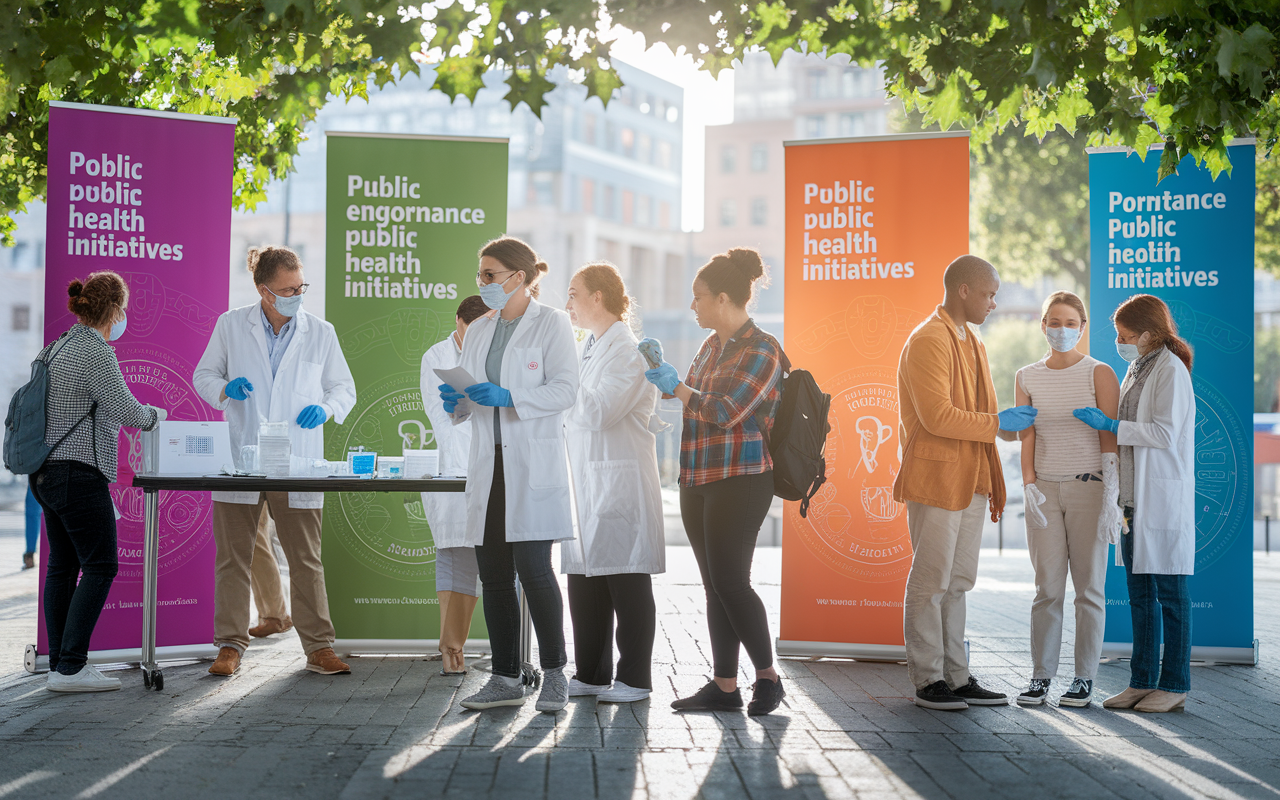 A vibrant community health scene showcasing researchers and public health officials interacting with community members. Diverse individuals are receiving health information and vaccinations at a pop-up clinic with colorful banners promoting public health initiatives. The backdrop features a lively urban park, emphasizing the importance of community engagement in addressing health challenges. The atmosphere is warm and hopeful, filled with sunlight filtering through tree branches.