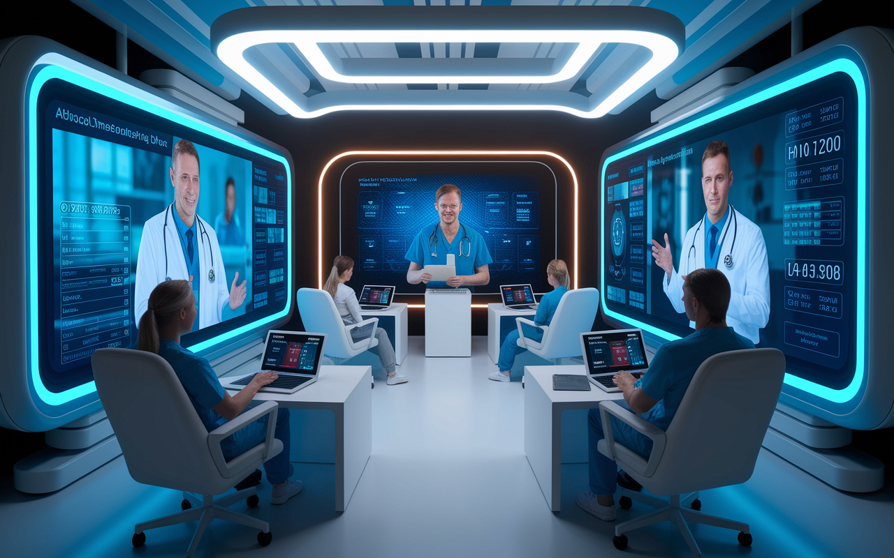 A futuristic telemedicine setup with patients receiving medical consultations via digital devices in their homes. Bright screens display healthcare professionals offering advice, while advanced health monitoring devices track patient data in real time. The atmosphere conveys convenience and accessibility, showcasing the harmony of technology and healthcare.