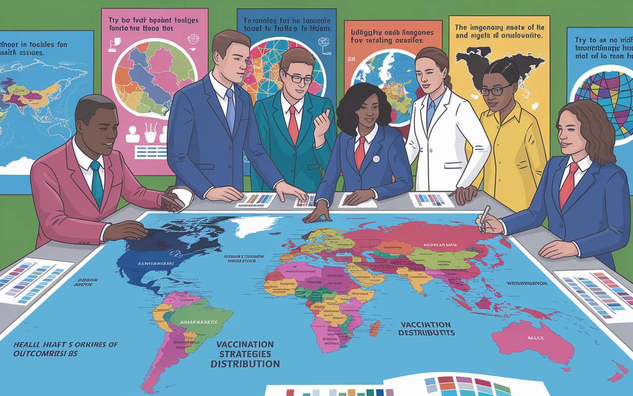 A collaborative scene featuring global health professionals from diverse backgrounds working together on a large map, analyzing health data and mapping strategies for vaccination distribution. The room is filled with vibrant posters representing different countries, highlighting the importance of teamwork in tackling global health issues. The atmosphere is optimistic and filled with a sense of urgency to improve health outcomes worldwide.