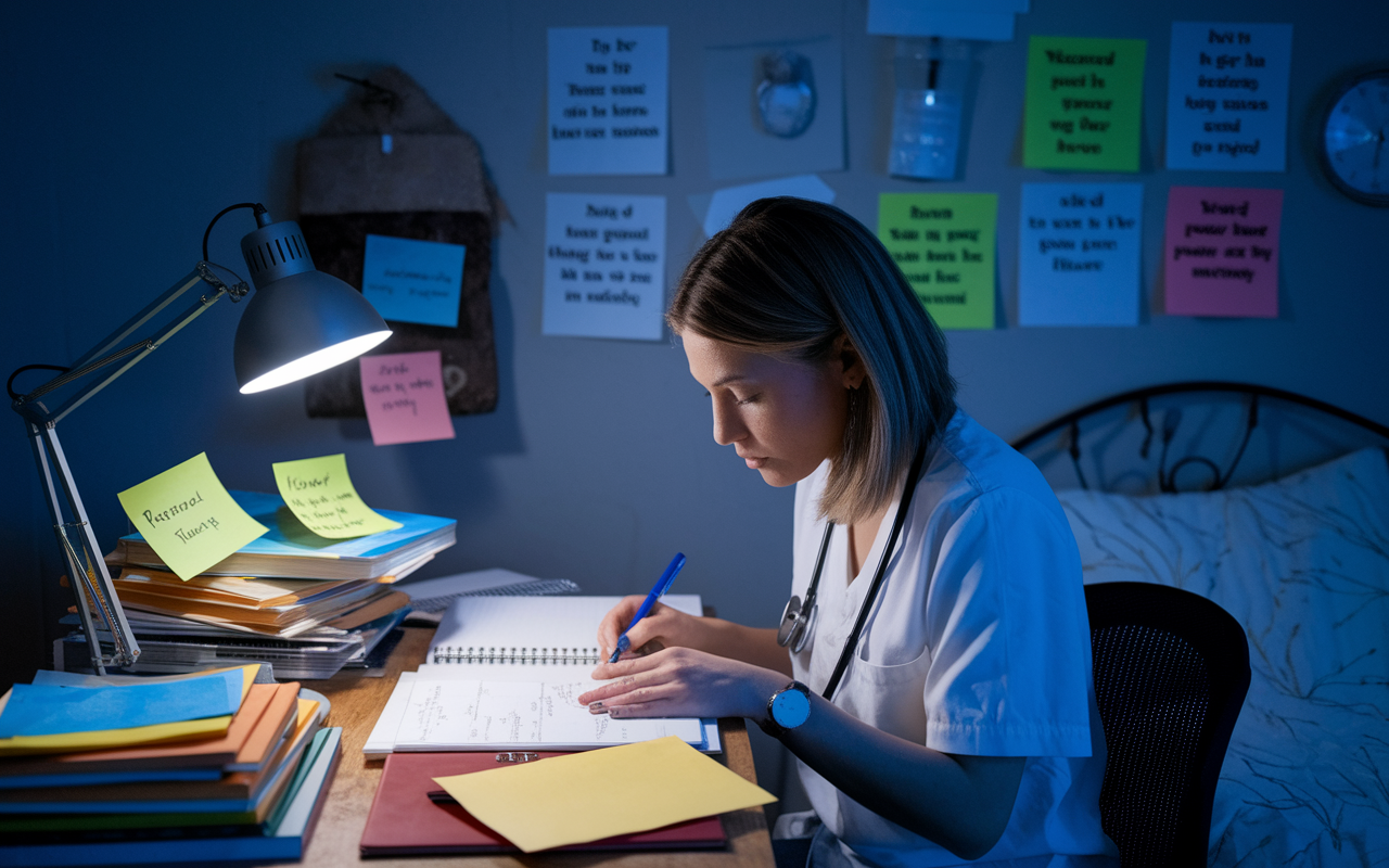 An intimate scene of a medical student working on their personal statement late at night in a cozy bedroom, surrounded by motivational quotes and personal reflections displayed on sticky notes. The desk is cluttered with books, notes, and a laptop, illuminated by a soft desk lamp that casts a warm glow, creating an atmosphere of focus and inspiration. The background features a wall with personal achievements and reminders of their journey in medicine, conveying determination and growth.